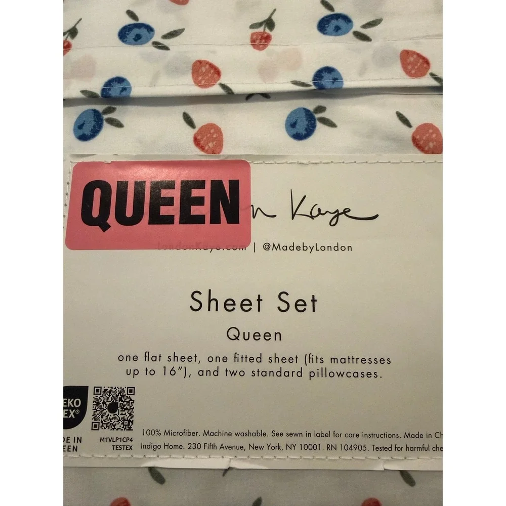 London Kaye Queen Sheet Set Strawberry Blueberry Americana Microfiber New 4 Pc